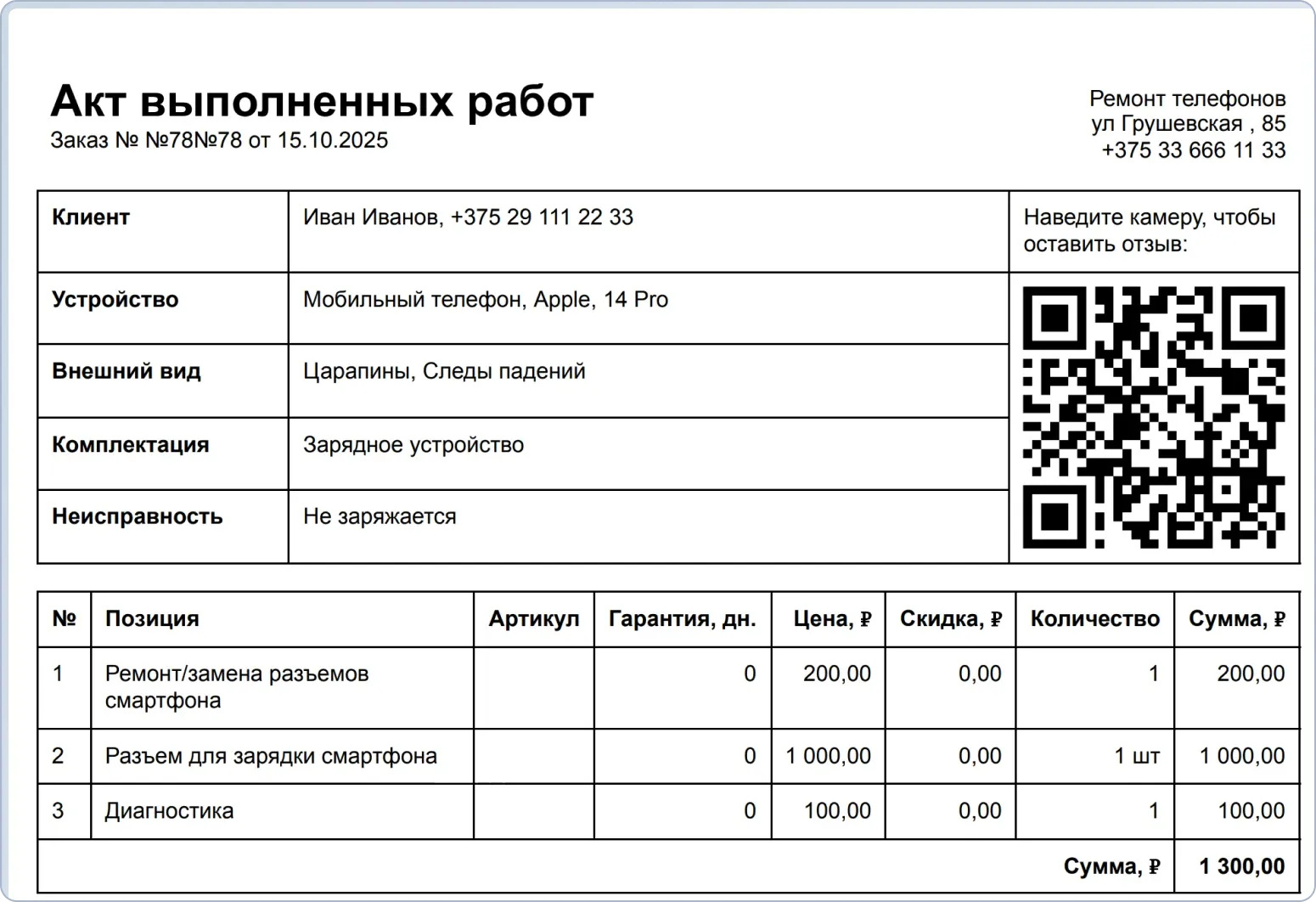 Шаблон простого акта выполненных работ без логотипа для подтверждения оказания услуг