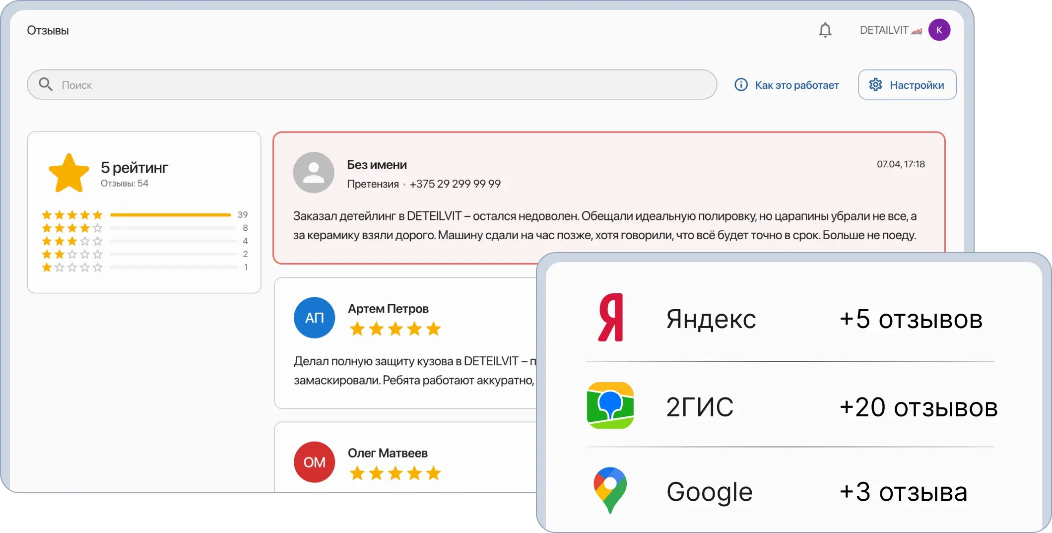CRM помогает собирать только положительные отзывы на картах Яндекс Google и 2ГИС. Все негативные отзывы попадут в личный кабинет владельца компании