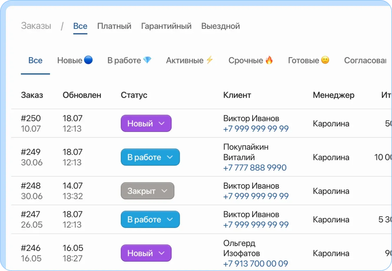 Учет заказов и запись клиентов в CRM HelloClient