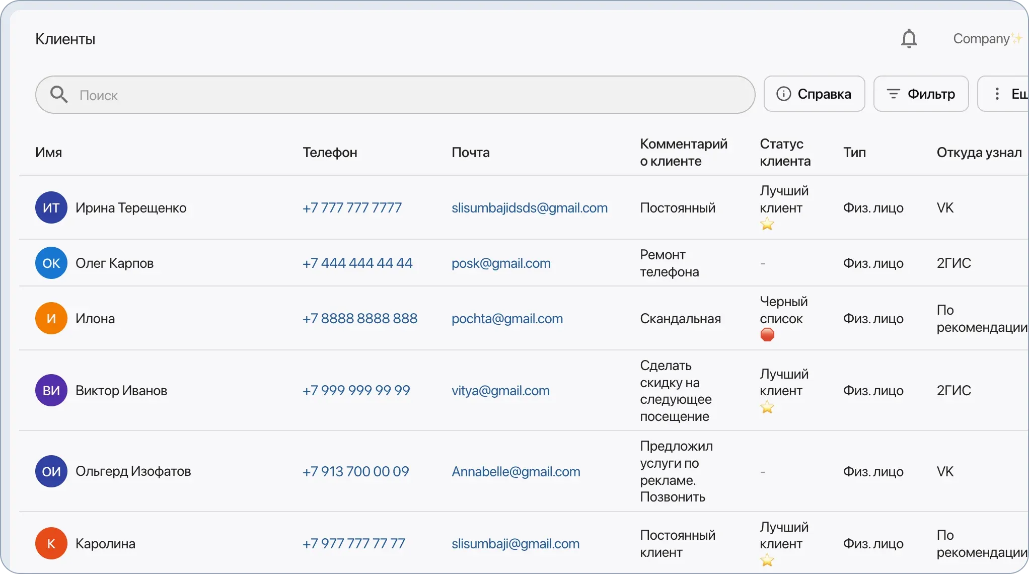 Хранение клиентской базы со всеми контактами и необходимой информацией