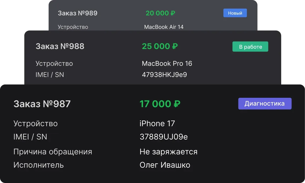 Форма заказа-наряда в CRM: добавление устройства в ремонт, статус и данные клиента