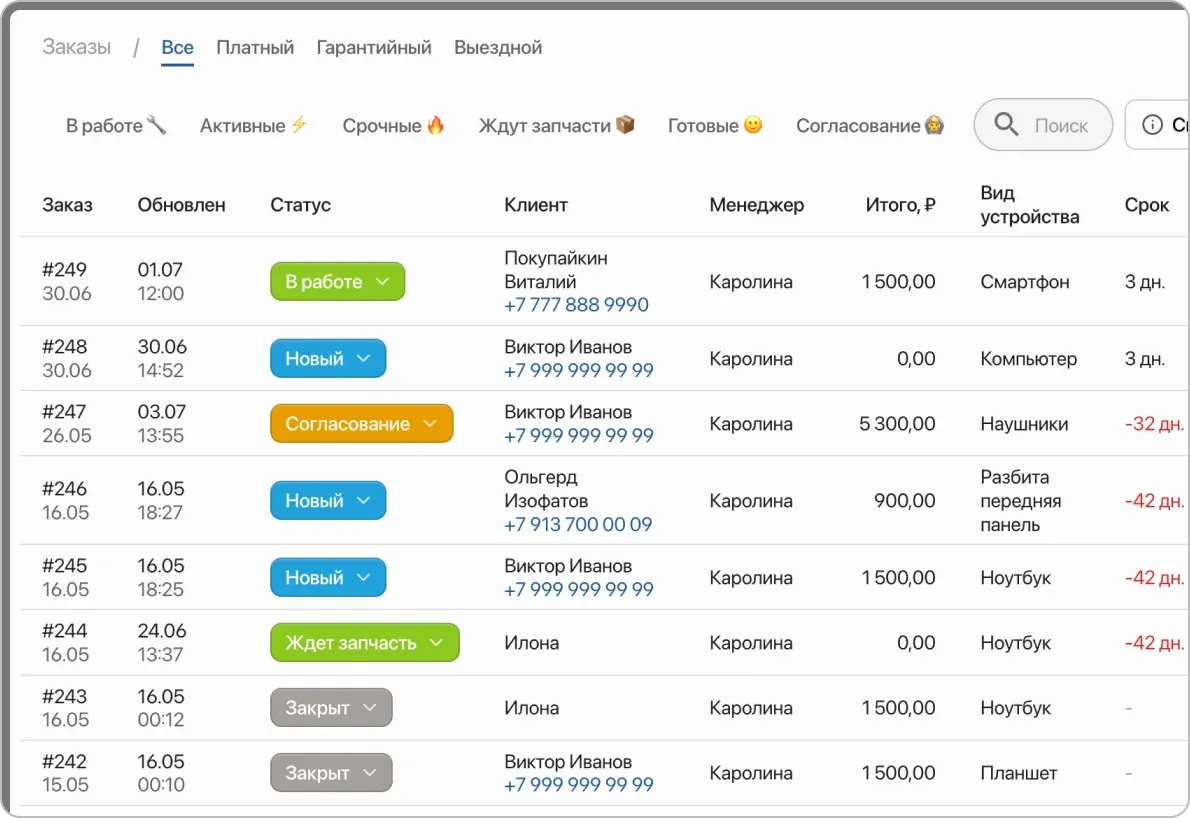 Форма заказа в CRM: полные данные устройства клиента и контактная информация для сервисного центра