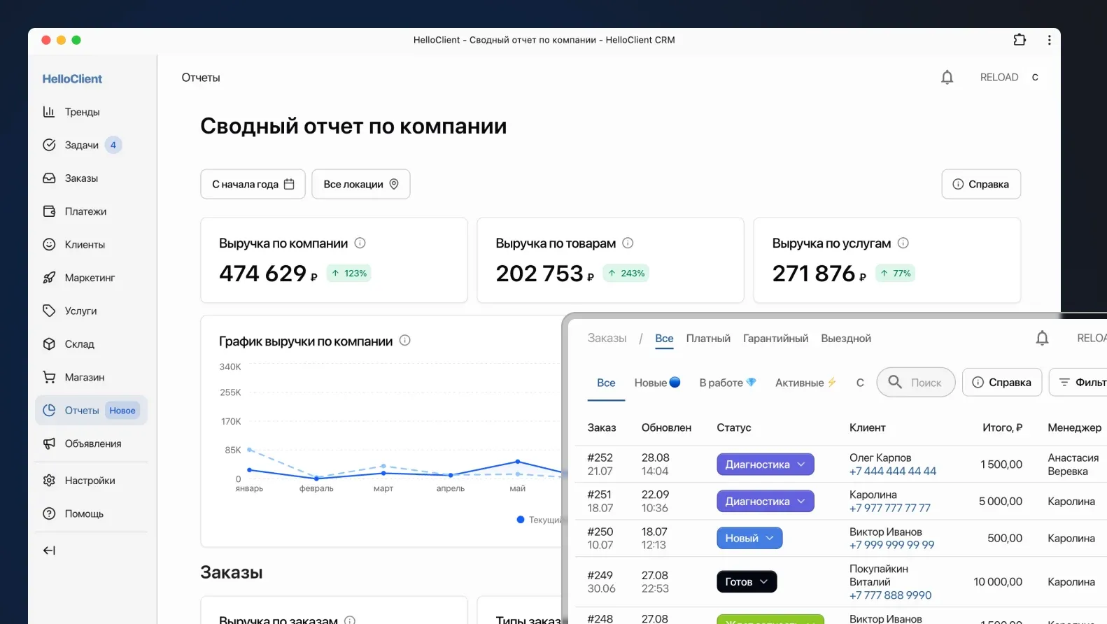 Интерфейс CRM HelloClient для автосервиса