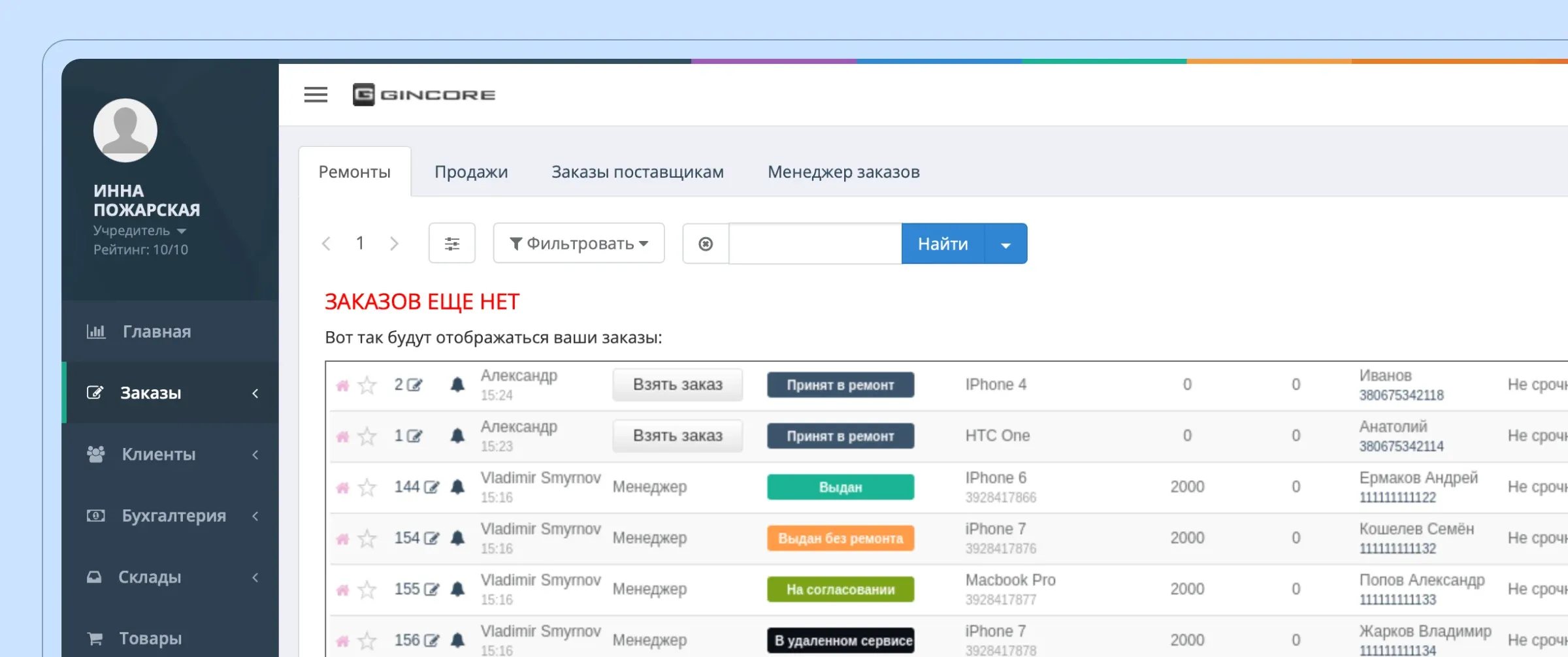 CRM система Gincore - учет заказов, клиентов, складской учет, финансовый учет